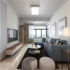 客廳影視墻造型采用輕奢最常用也是姑娘比較喜歡的金屬元素，搭配壁紙，墻面選用灰藍色調迎合主題。