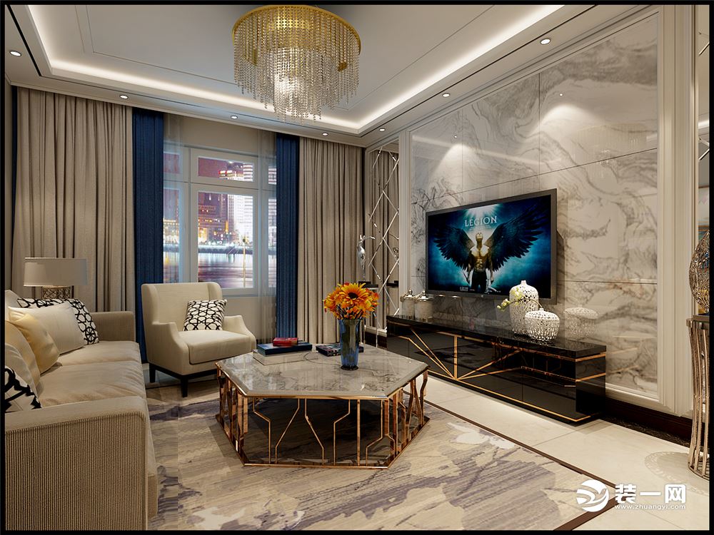 客厅电视背景墙以浅色理石和镜子为主 家具也掺加金属线条元素 棚面的黑白色也与其他相呼应。