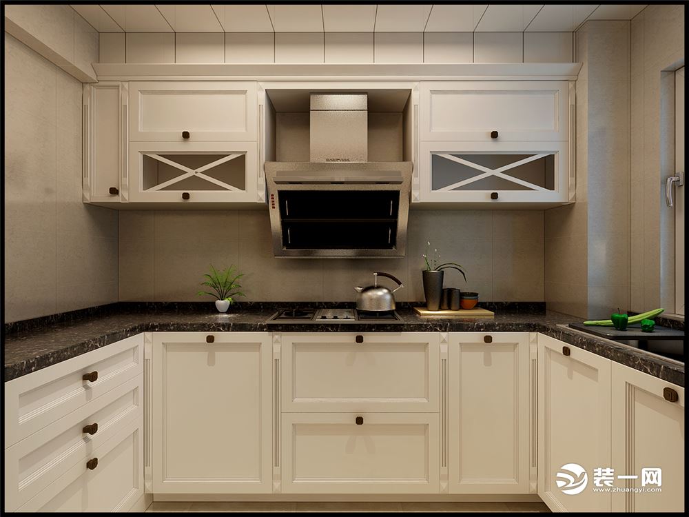 厨房白色橱柜 门板的材质为模压 深色的石英石 黑白的经典搭配 干净亮堂 推拉门的设计使厨房采光更好