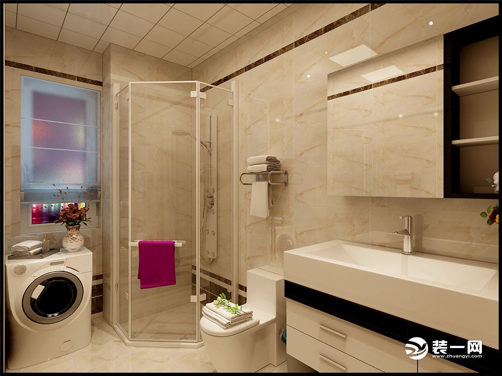 公共卫生间采用暖色的砖 黑白搭配的手盆 坐便 淋浴区 洗衣机 满足全家人的使用