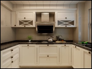厨房白色橱柜 门板的材质为模压 深色的石英石 黑白的经典搭配 干净亮堂 推拉门的设计使厨房采光更好