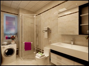 公共衛生間采用暖色的磚 黑白搭配的手盆 坐便 淋浴區 洗衣機 滿足全家人的使用