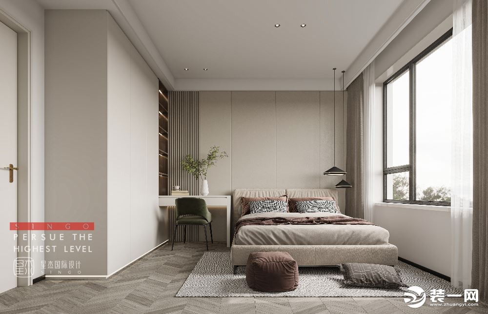 米色的床品搭配灰绿色作为空间的点缀，营造清新活泼的空间氛围