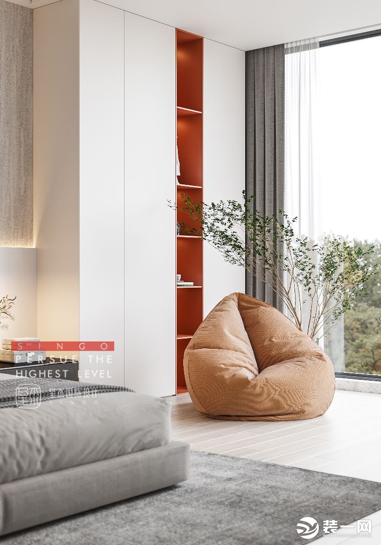 房间内的设计，主要以温馨为主，软硬适中的壁布，配合纯色的木饰面，共同打造出很温馨氛围感