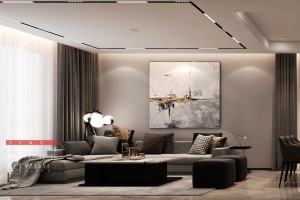 浅灰色的墙面、深浅色的家具和沙发，让客厅看上去格外简洁开阔