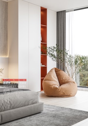 房间内的设计，主要以温馨为主，软硬适中的壁布，配合纯色的木饰面，共同打造出很温馨氛围感