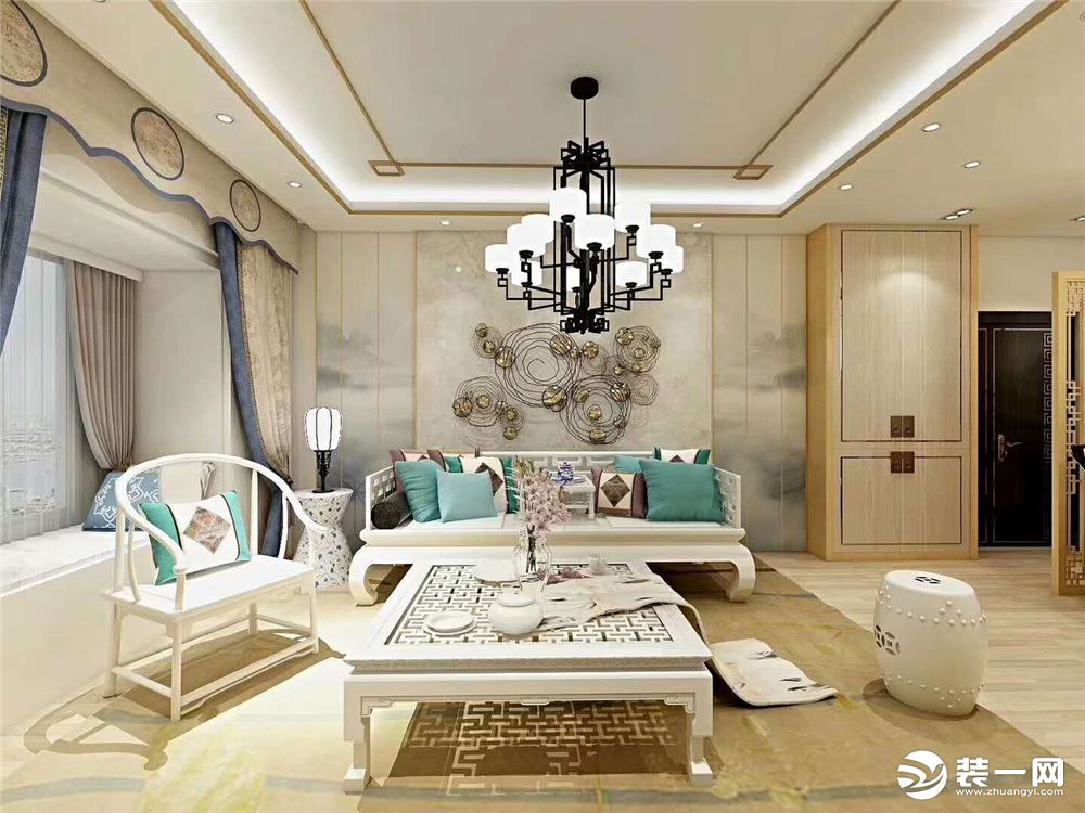 沙发背景墙钢丝缠绕的设计，特色的新中式。