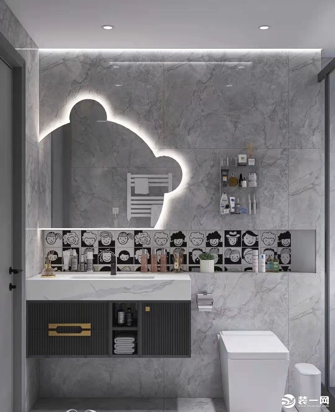 深灰色大理石卫生间耐脏又实用 卫生间是简约风的设计 色彩上以深灰色的大理石瓷砖为主整体简约大气!