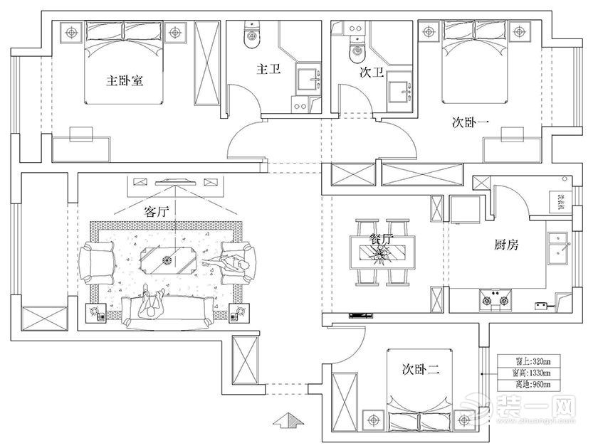 南昌富力华庭124平米三居室新中式风格平面布局