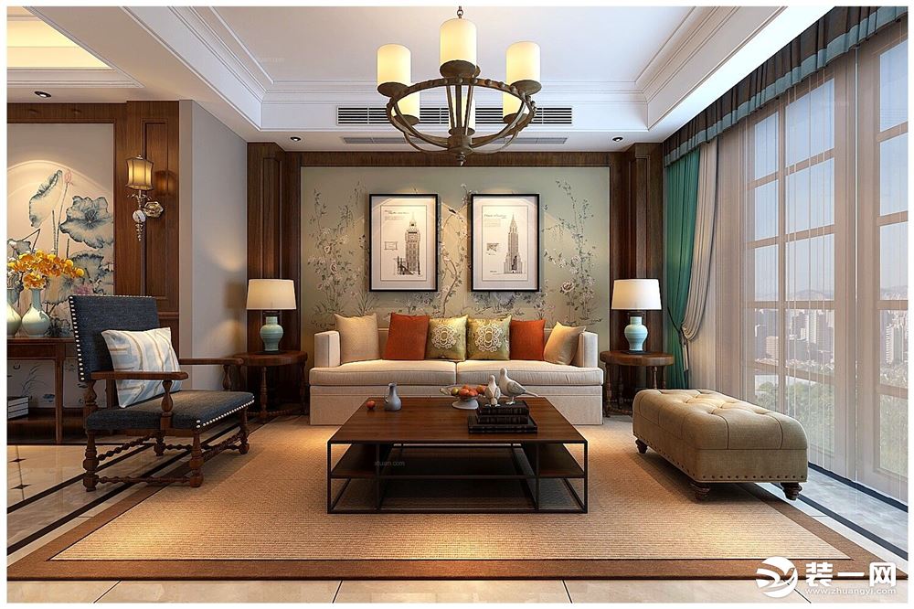 绿城玫瑰园140平美式风格客厅装修效果图