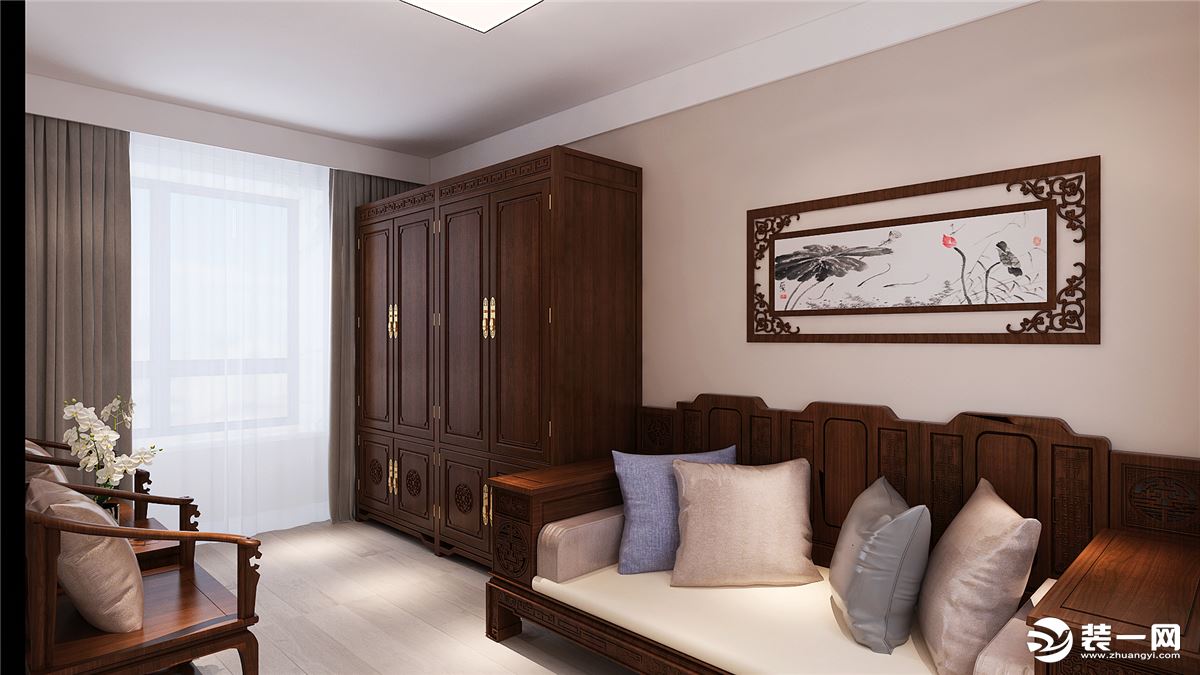 次卧室是客户原先摆放家具的房间，为了与原先家具搭配，采用的是中式吸顶灯，灰色的墙体使得中式家具看起来