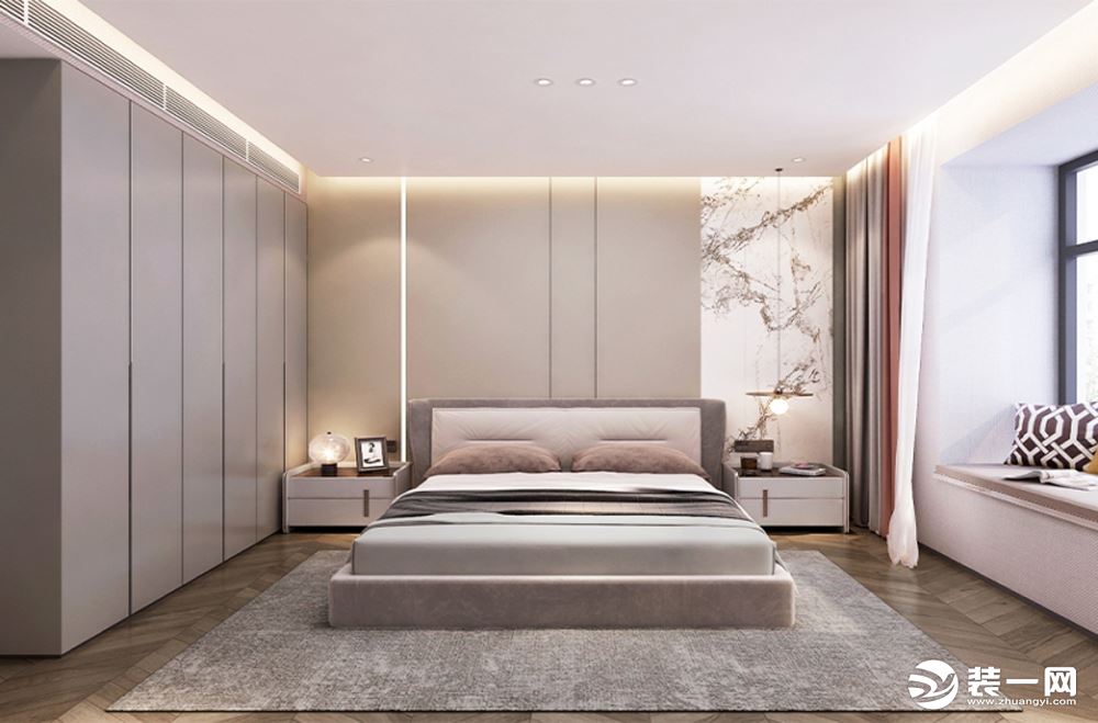 主卧室是一个干净简单的空间，床头采用护墙板结合岩板，背景墙面搭配线性灯，柔和的色调与温暖的光源，打造