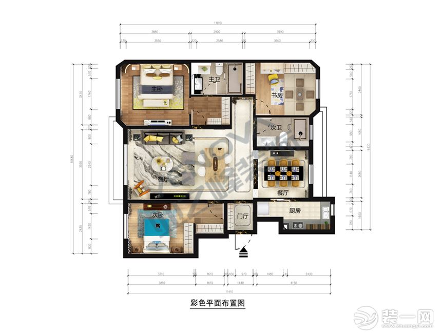 彩色平面圖_三室兩廳126平米現代簡約風