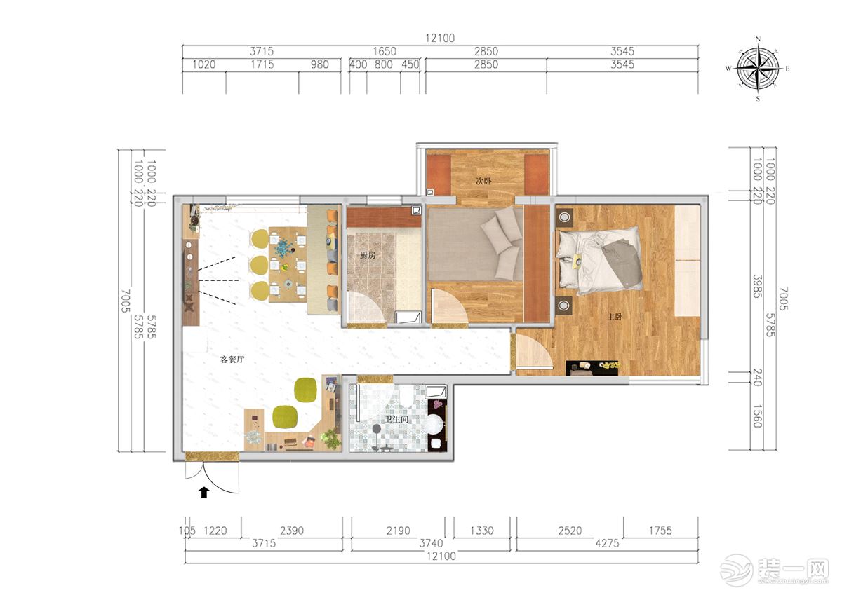 彩色平面图——业之峰装饰两室两厅平米现代简约风