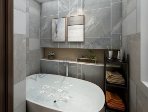 淋浴房墙面采用瓷砖混合拼搭形成花纹图案再加以装饰画点缀。背景墙中部做成悬空，美观的同时更方便摆放沐浴