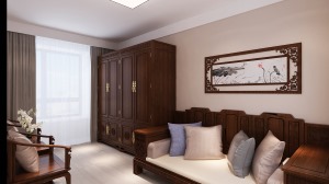 次臥室是客戶原先擺放家具的房間，為了與原先家具搭配，采用的是中式吸頂燈，灰色的墻體使得中式家具看起來