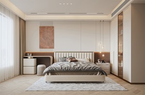 ，提升卧室适居的舒适度是必不可少的也是最基础的，所以将空间的整体色调定制为暖色系，相应的书桌、梳妆台
