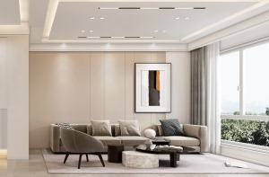 客厅墙面采用拼色的设计形式，餐桌与橱柜相连，这些功能的设计让屋内风格独具特色，满足了业主的