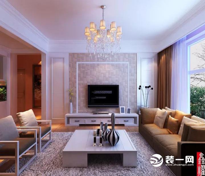 客厅的设计基调以白色和咖色为主  是两种家居装饰中最常用的颜色  白色的吊灯白色的墙面搭配咖色的软装