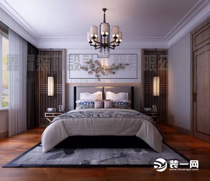 沉静是卧室的主调性  这样的调性更有助于优质的睡眠    浅灰色的软装包着线条的轮廓  床头两边的装