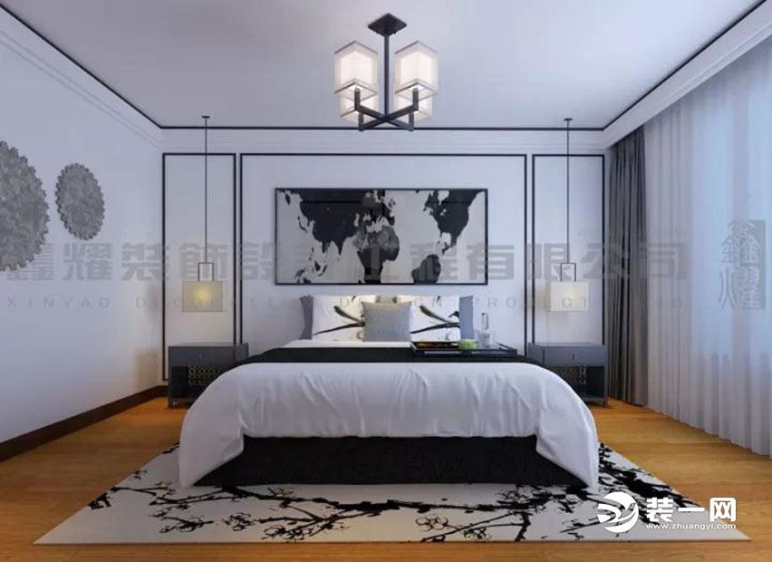 主卧的设计延续了客厅的风格    采用对称的表现手法演绎  主卧追求的是功能与形式的完美统一    