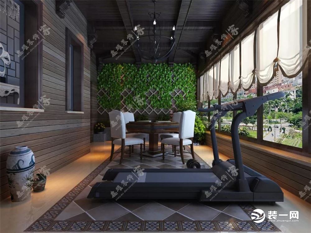 阳台处设计成了一个茶室兼活动室的空间 一面绿色藤条垂下来缠绕整个墙壁 绿色的意境十分生动清新 迎面的