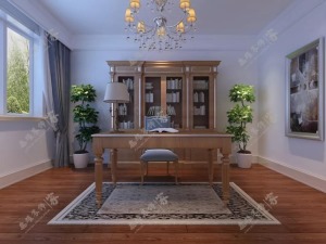 书房的整体采用实木的书桌和书橱  蓝色的座椅点缀其中十分的清新自然  两旁对称的植物十分抢眼  增添