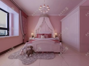 女儿房的设计基调以粉色为主 粉色的软装布艺粉色的吊灯白色纱幔白色的柜橱 共同营造了一个公主梦的氛围