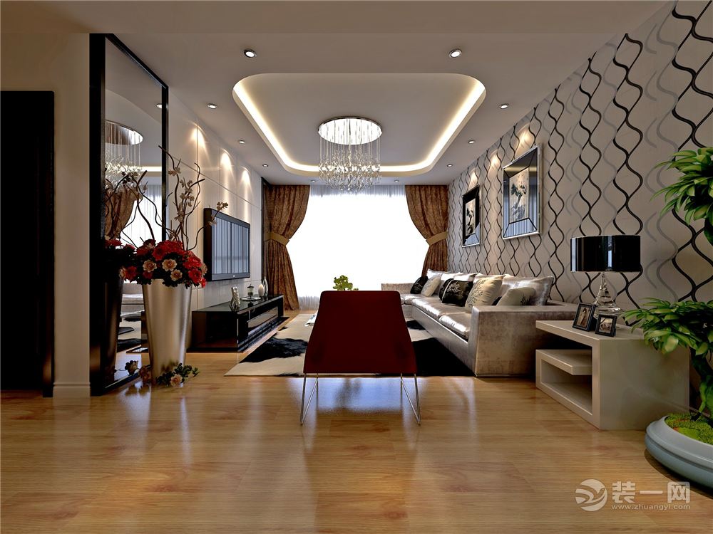 钻石湾三居室现代简约风格客厅全景效果图3