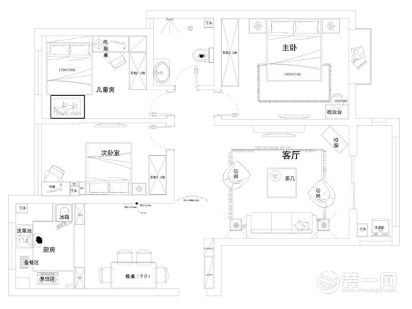 郑州亚新美好城邦118平三居室现代简约风格装修平面布置图