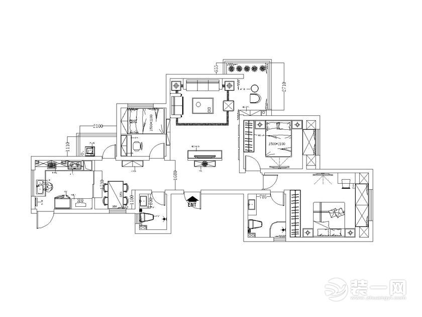 郑州天伦锦城120平三居室美式风格装修平面布置图