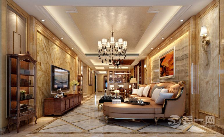 客厅,在设计立面和天花设计时，把中式元素和西式元素的结合在一起，使用同一木纹、木色，颜色协调、稳定，