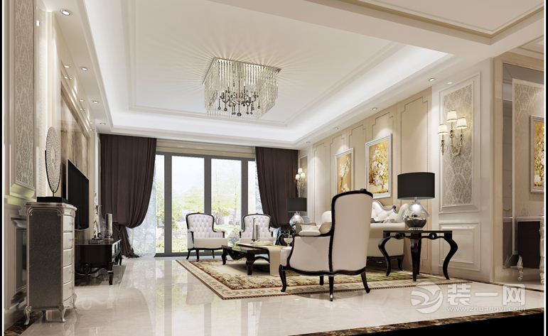 客厅，设计风格为简约欧式,营造典雅、自然、高贵的气质、浪 漫 的情调是本案的主题。