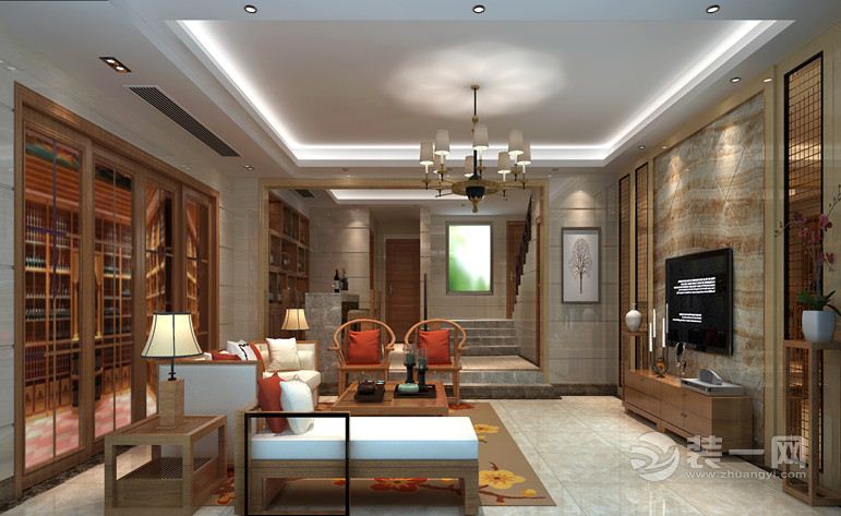 客厅，设计的核心是纵贯上下4层空间的室内墙面，统一的米白色瓷砖材质，毫无吊顶装饰的简单白色顶面。