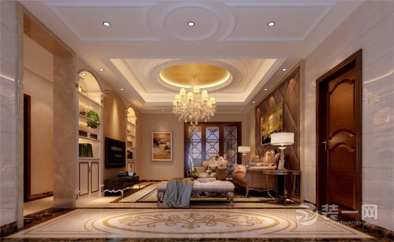 会客厅，华贵的水晶吊灯，简化的壁炉，彰显出业主高贵的生活品质。