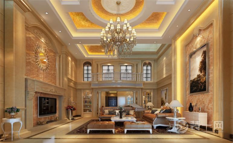 客厅， 大厅的设计采用并融入了罗马柱、壁炉、线条优美的哑口和木格窗等非常有代表性的欧式元素。