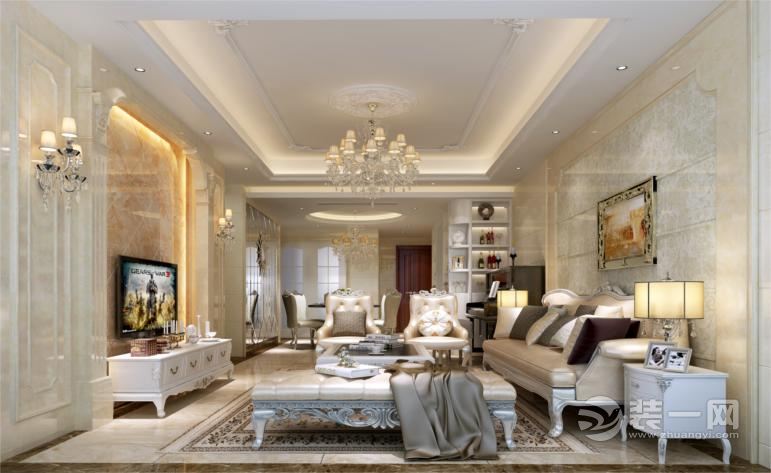 客厅，设计中设计师减少了传统欧式的多余装饰，保持了高雅而典型的设计风格更能体现业主提出的要求。