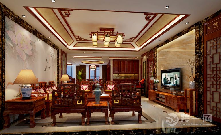 客厅，通过材质的对比，注重细节的处理，营造一种沉稳而不沉闷、华丽而不张扬的新民族风格。
