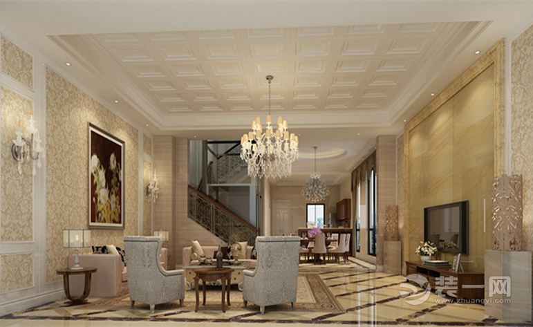 客厅，欧式风格，最重要的就是搭配和颜色的处理，墙壁采用花纹瓷砖，吊顶简单而奢华