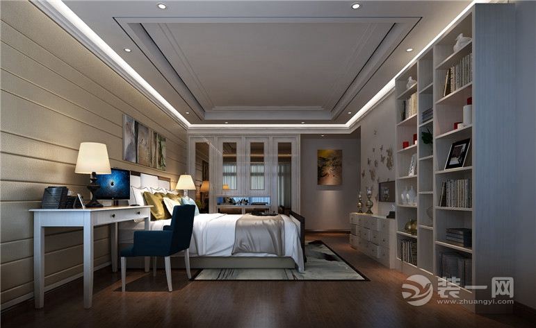卧室，对比鲜明，加上纯白色的天花，偶尔点缀的木色，让空间产生一种浓厚的回家欲望。