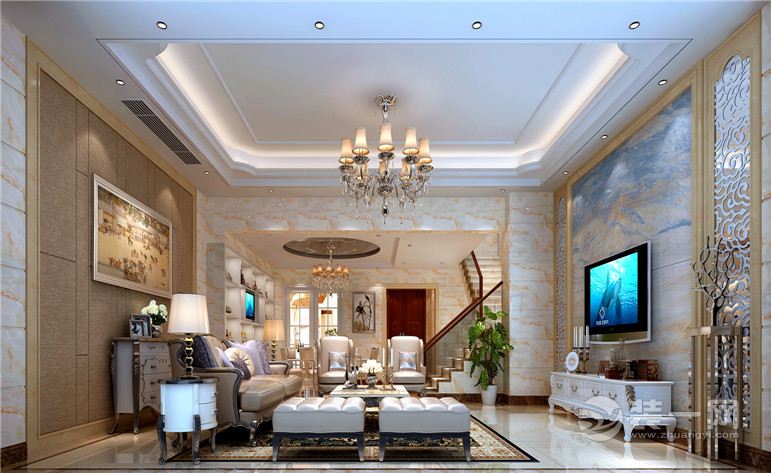 客厅，现代风格以舒适为目的，兼具古典的造型与柔美的线条、人体工程学与装饰艺术的家具风格