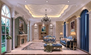 客厅，轻盈浪漫的的天花线条，圆拱形墙饰造型，欧式柱体，重在凸显空间的高雅，