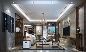 客厅，整体色调以白色，青灰色。包括墙面用了雅花爵士白和一些镜钢的装饰，
