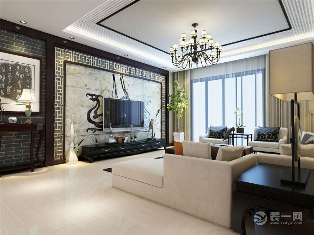 背景，具有东方特色的电视背景墙，中式的雕花框架，加上现代化的瓷砖以及中国传统的祥兽，使得整个客厅寓意