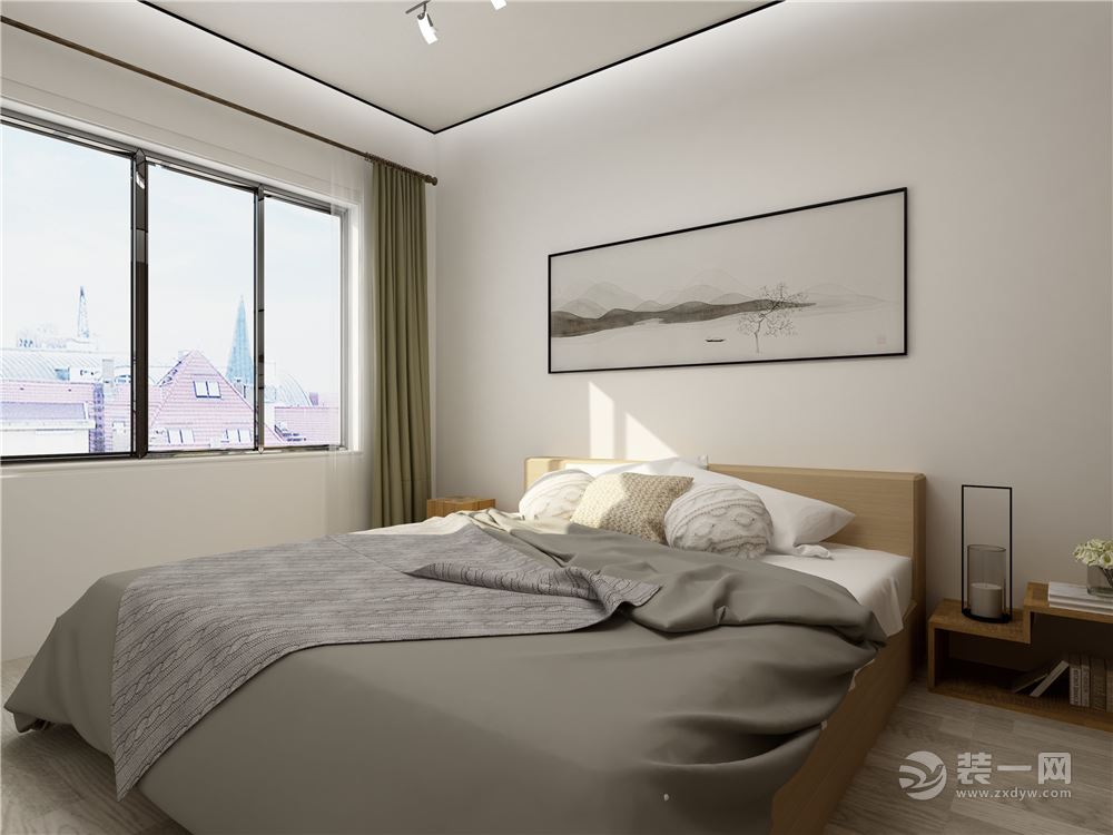 卧室，灰色的木地板与白色的墙面呼应，搭配上木色的床，让卧室充原始气息
