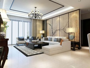 客厅，简单的木线条加中国画，和现代浅色沙发，简单大气。