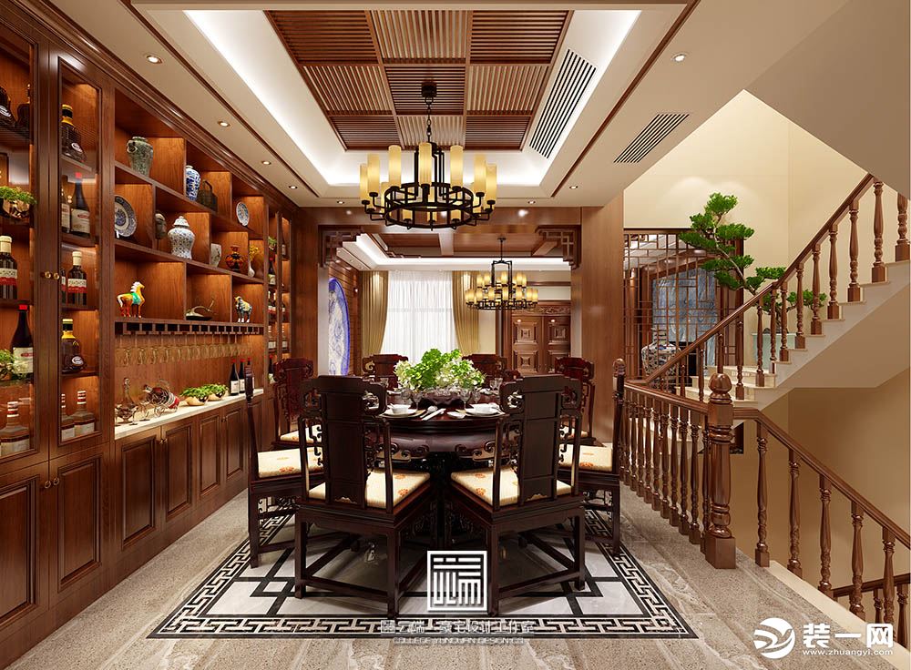 香逸澜湾163平联排别墅中式案例装修设计楼梯餐厅