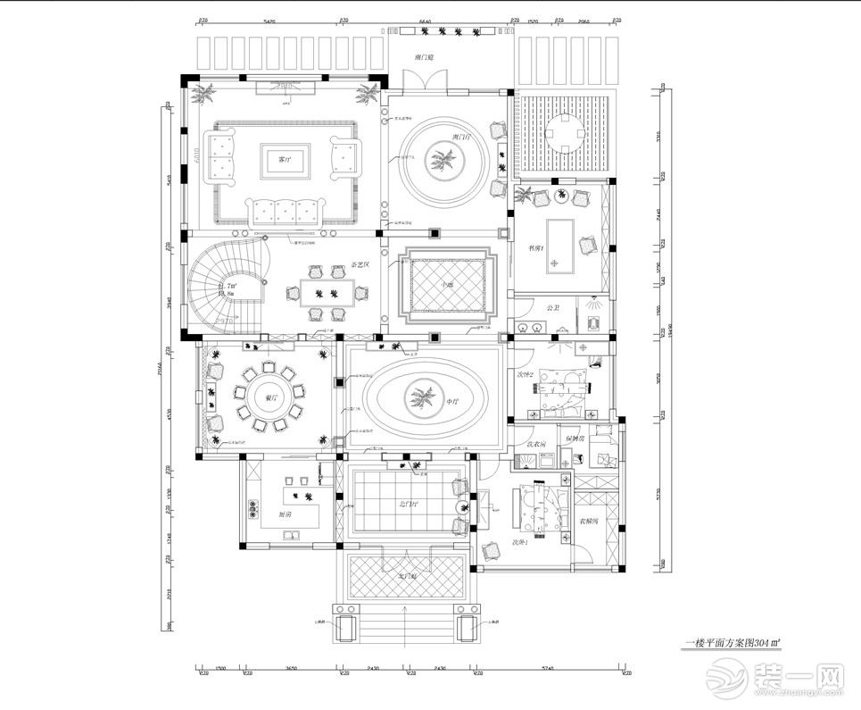 万科粹叠园180平别墅中式风格一楼平面布置设计案例结构图