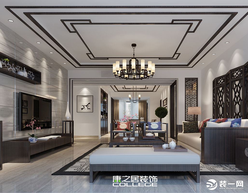 汉港凯旋城别墅新中式风格装修家装布置设计案例效果图