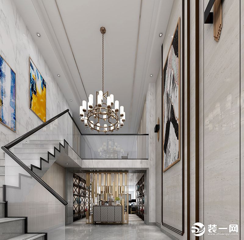 新力时代广场别墅装修设计案例现代风格玄关楼梯走廊